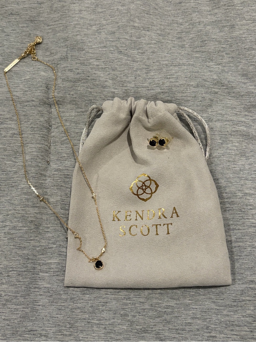 Kendra Scott Gold Necklace and Black Stone Stud Earrings